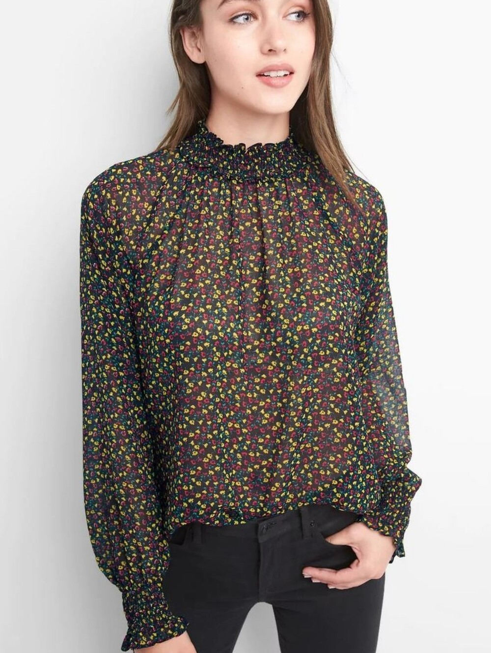 GAP Black Sheer Floral Smocked-Neck Blouse